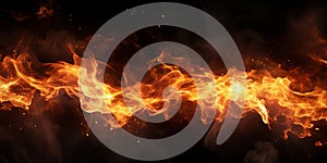 Abstract fire flame and particles on black background. Wide template or banner, creative design with copyspace