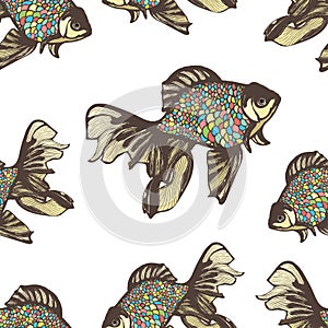 Abstract fish hand drawing seamless pattern, vector background. Decorative with motley multicolored scales on a white