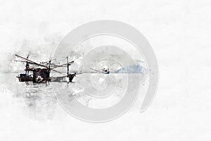 Abstract fishing boat in ocean on watercolor paining background