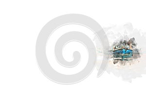 Abstract fishing boat on watercolor painting background.