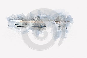 Abstract fishing long boat watercolor painting background.