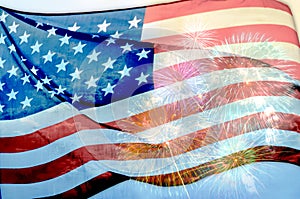 Abstract flag of the USA waving with fireworks, American flag