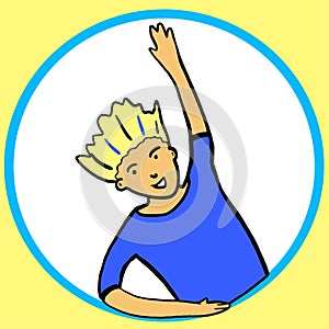 Abstract flat boy waving hand in a round window. Say Hello. Smiling avatar. Handsome blonde boy in blue t-shirt
