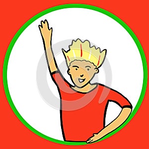 Abstract flat boy waving hand in a round window. Say Hello. Smiling avatar. Handsome blonde boy in red t-shirt