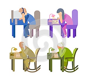 Abstract flat clip art illustration.People of different ages sitting at the table.