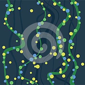 Abstract flat seamless background with curl sea grass and colorful bubbles