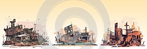 Abstract flat vector illustration of postapocalypse city.