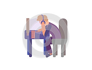 Abstract flat vector illustration of student schoolboy boy sitting at desk table with computer.