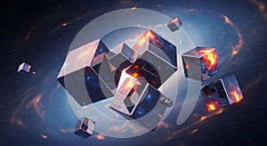 Abstract Floating Cubes in Deep Space with Nebula Background and Glowing Light