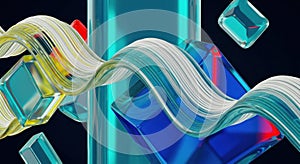 Abstract Floating Cubes and Wavy Lines on Dark Background with Dynamic Composition