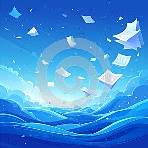 Abstract Floating Papers in a Blue Sky