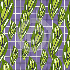 Abstract flora seamless pattern with bright green random leaf shapes. Purple chequered background