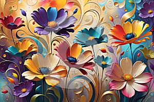 Abstract Floral Backdrop - Swirls of Vivid Colors Intertwine, Petals and Blooms Suggested in Fluid Opulence