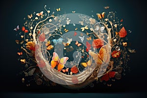 Abstract floral background with butterflies and flowers. 3d render illustration, Biological and science background, AI Generated