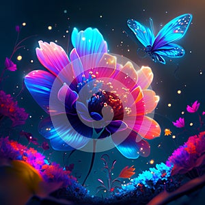 Abstract floral background with butterflies and flowers. Vector illustration in neon colors. generative AI