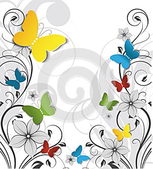 Abstract floral background with butterflies