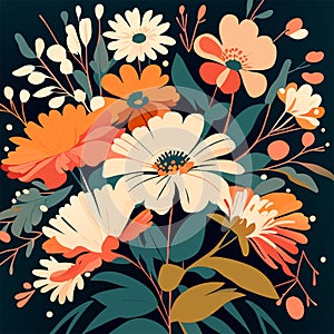 Abstract floral background with daisies and leaves. Vector illustration. generative AI