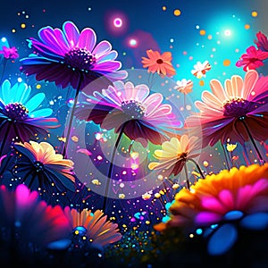 abstract floral background with daisies and lights. 3d illustration Generative AI