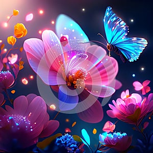 Abstract floral background with flowers, butterflies and lights. Vector illustration. generative AI