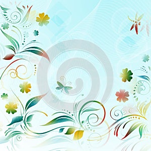 Abstract floral background with paper colorful flowers butterfli