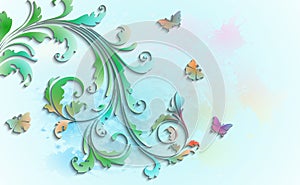 Abstract floral background with paper colorful flowers butterfli