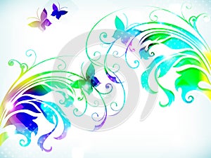 Abstract floral background with paper colorful flowers butterflies.