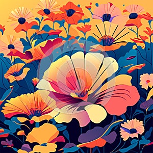 Abstract floral background with poppies and daisies. Vector illustration. AI generated