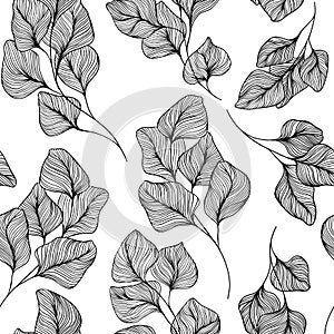 Abstract floral background. Seamless monochrome pattern with hand drawn branches. Vector. Black and white. Line art. Perfect for