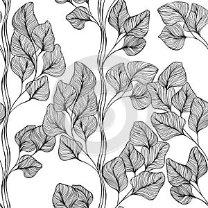 Abstract floral background. Seamless monochrome pattern with hand drawn branches. Vector. Black and white. Line art. Perfect for