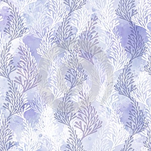 Abstract floral background. Seamless pattern with hand drawn branches on lilac watercolor background. Vector.  Perfect for