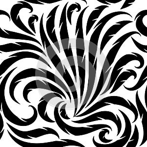 Abstract floral black and white seamless pattern. Vector background wallpaper with hand drawn fantasy flowers, leaves, shapes, sw