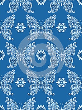 Abstract floral butterflies on blue background