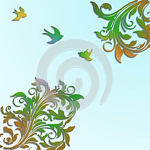 Abstract floral colorful background with paper flowers and bird