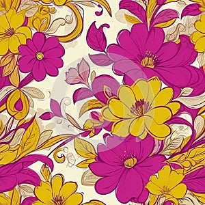 Abstract floral flower pattern Background design yellow, biscuit cream magenta, pink, red, fabric cloth