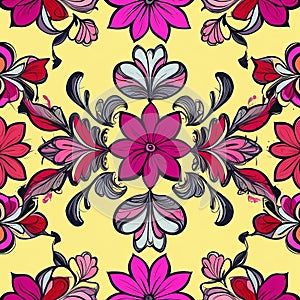 Abstract floral flower pattern Background design yellow, biscuit cream magenta, pink, red, fabric cloth