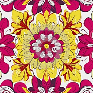 Abstract floral flower pattern Background design yellow, biscuit cream magenta, pink, red, fabric cloth