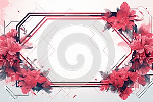 abstract floral frame with hexagonal shape and red flowers on a white background