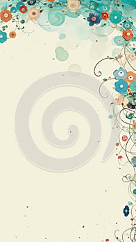 an abstract floral frame with a white background and blue and orange flowers