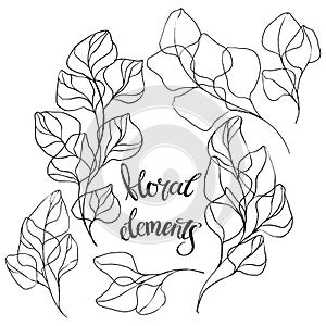 Abstract floral isolated elements. Hand drawn vector illustration on white. Black and white. Perfect for invitations, greeting