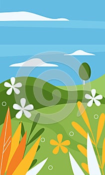 Abstract floral landscape with wild summer flowers and grass in meadow, tree on round hill