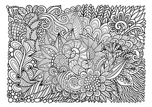 Abstract floral lineart for background and adult coloring book page. Vector illustration