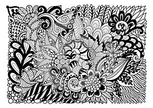 Abstract floral lineart for background and adult coloring book page. Vector illustration