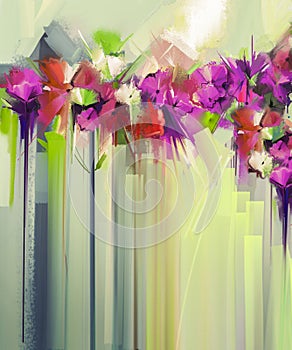 Abstract floral oil color painting. Hand painted violet and Red flowers in soft color