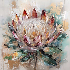 Abstract floral oil painting. Colorful protea flower art