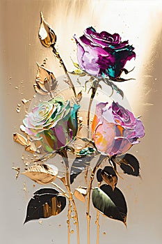 Abstract floral oil painting. Colorful rose bouquet on gold background