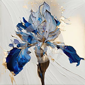 Abstract floral oil painting. Gold and blue iris flower on white background