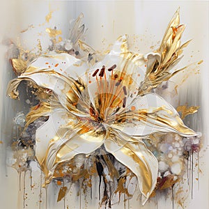 Abstract floral oil painting. Gold and yellow lily on white background