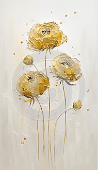 Abstract floral oil painting. Gold and yellow ranunculus flower on white background