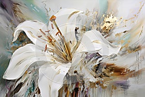 Abstract floral oil painting. Gold and white lily