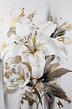 Abstract floral oil painting. Gold and white lily